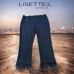 Lisette L  Montréal, Black Feather-Trimmed Designer Trousers, Size 16